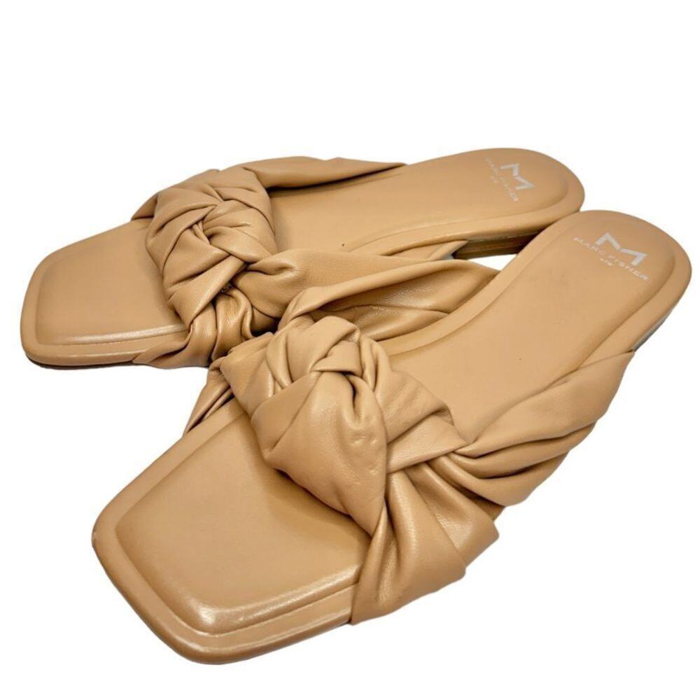Marc Fisher Sandals Size 8.5 Tan Square Open Toe Knot Detail